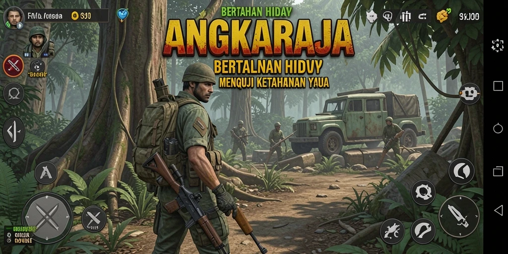 Tampilan antarmuka ANGKARAJA menampilkan petualangan bertahan hidup yang menegangkan.