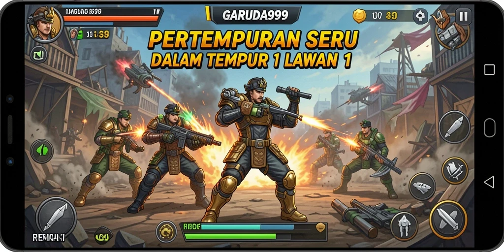 Screenshot GARUDA999 menampilkan duel seru antara dua karakter dalam arena pertarungan.