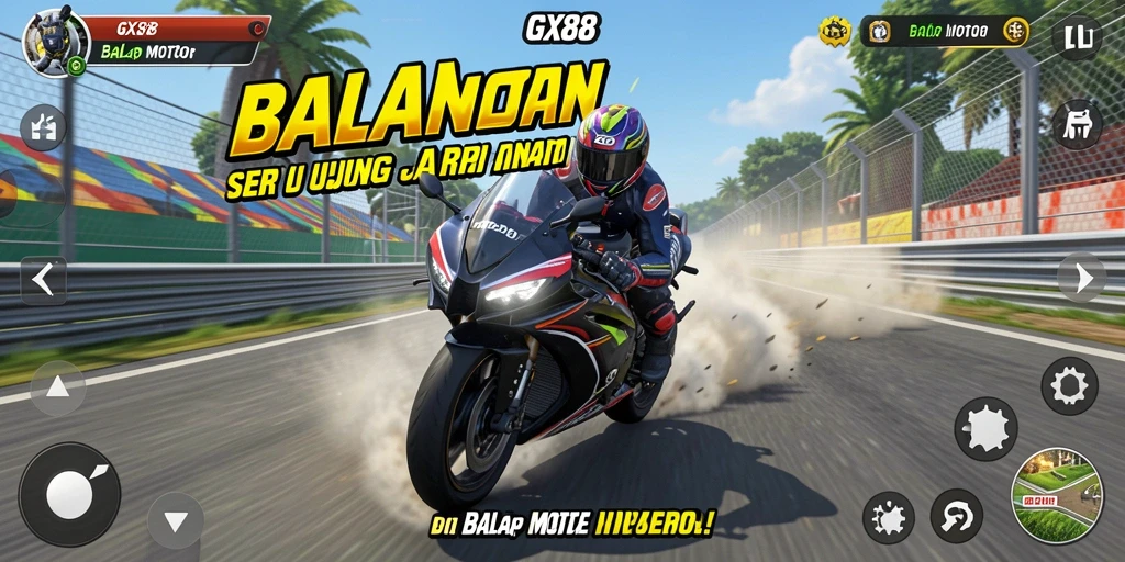 Screenshot antarmuka gameplay GX88 yang menampilkan balapan motor.