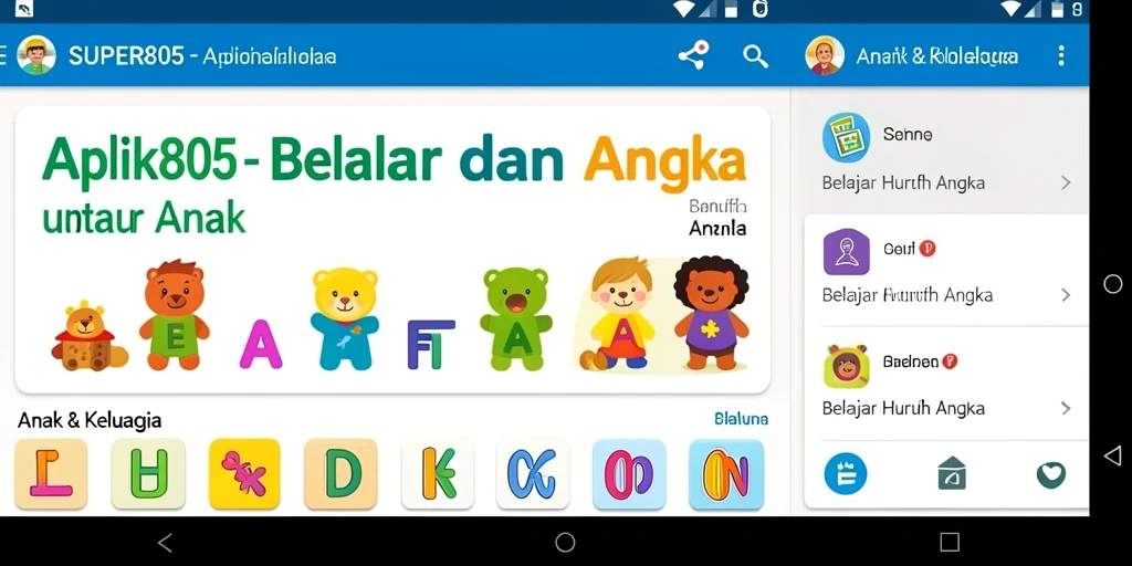 Tampilan antarmuka interaktif aplikasi SUPER805 untuk belajar huruf dan angka.
